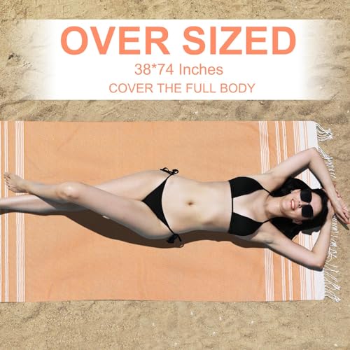 Genovega Oversized Turkish Beach Towels 74"x38" Thin Quick Dry Sand Free Pool Swim Bathing Towel Extra Large Blanket Adult Travel Essentials Cruise Accessories Must Haves Summer Orange Stuff