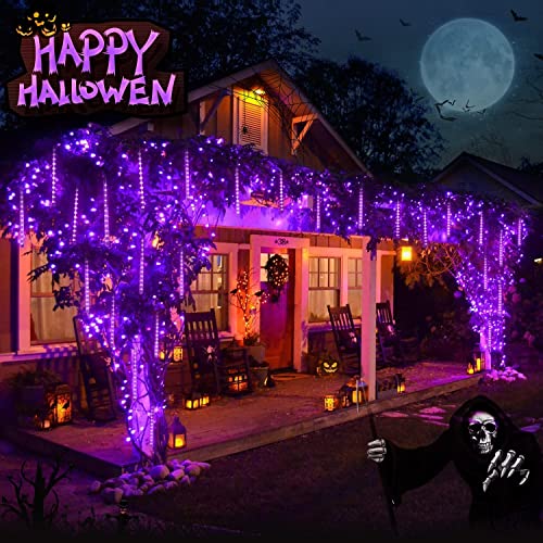 JMEXSUSS 2 Pack Purple Solar Halloween Lights, 16 Tube 288 LED Solar Meteor Shower Rain Lights, Christmas Light Outdoor Waterproof for Tree Halloween Christmas Decorations - color: Purple, size: 2*144LED