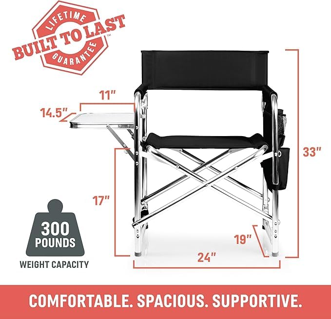PICNIC TIME Sports Chair with Side Table and Armrest Caddy, Lightweight Aluminum Folding Outdoor Camping Chair for Adults, Portable Director Style Lawn Seating with Pockets & Strap, (Moka Collection) - color: Moka Collection - Brown With Beige & Red Accen
