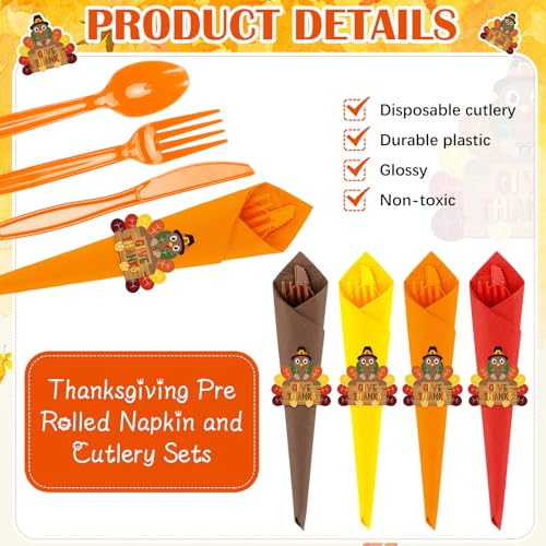 Roshtia 40 Set Pre Rolled Thanksgiving Plastic Silverware Set Disposable Dinnerware Essentials Cutlery Orange Brown 40 Napkins, 40 Knifes, 40 Spoons, 40 Forks, 40 Turkey Napkin Ring for Fall Parties