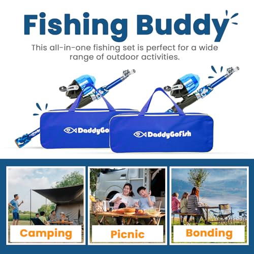 DaddyGoFish Kids Fishing Pole - Rod Reel Combo Tackle Box Starter Set - First Year Small Gear Kit for Boys Girls Toddler Youth Age Beginner Little Children - color: 2 Pack- Blue + Blue (Essential Set), size: 4ft