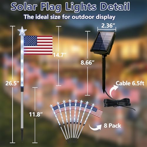 8 Pack Solar American Flag Pathway Lights - Patriotic Red White Blue Outdoor Stake Waterproof LED Lights with 8 Modes, Decorations 4th of July Memorial Day & Independence Day Yard Garden (Style A) - color: Style A