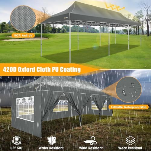 HOTEEL Tents for Parties 10x30 Pop Up Canopy Tent Heavy Duty with 8 Sidewalls, Commercial Party Tent Event Wedding Instant Canopy Waterproof with Carry Bag, UV 50+, Thicked Hexagonal Legs, Grey - color: Gray, size: 10x30FT (+8 Walls)