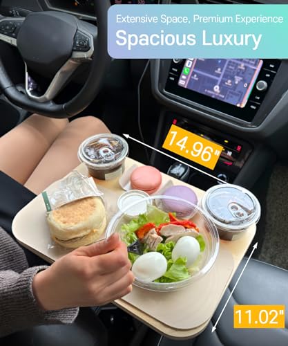 2-in-1 Drive-Thru Tray: Car Food Tray, Wood Car Trays for Eating in Parked Car, Car Desk for Laptop, Car Cup Holder Tray for Road Trip, Taxi, RVs, Truck Drivers