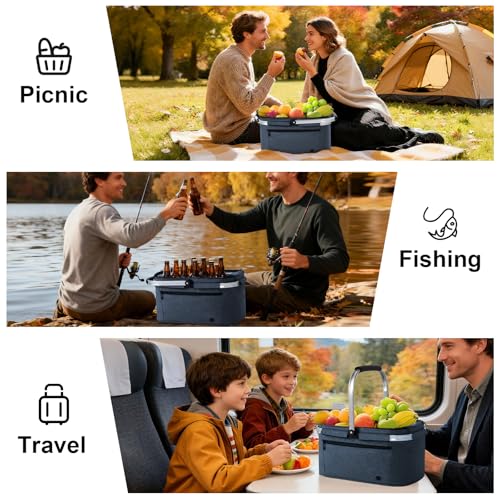 ALLCAMP Picnic Basket - 2 Ice Box Included 32L Insulated Cooler, Thickening Foldable Picnic Basket with Removable Baskets & Sewn-in Frame, Basket for House Warming Gifts New Home(Blue) - color: Blue, size: Large
