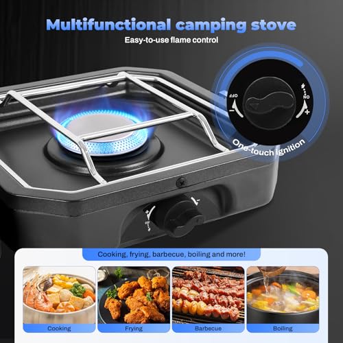 Adjustable 2 Burner Portable Camping Stove Propane (16000 BTU) with Camping Grill and Carrying Bag, Folding Propane Stove,Gas Camping Stove with Piezo Ignition for Camping, Backyard BBQ, Black - color: black