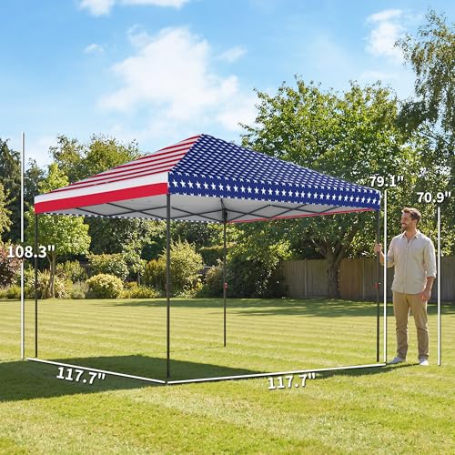Outsunny 10 x 10 ft Pop Up Canopy Tent with One Push Setup, Easy Setup Outdoor Portable Instant Canopy Shelter with Wheeled Carry Bag, Sandbags, Adjustable Height for Parties, Events, American Flag - color: American Flag