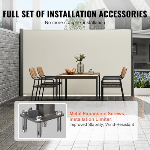 VEVOR Retractable Side Awning, UV 50 71''x118'' Rugged Full Aluminum Rust-Proof, Patio Sunshine Screen, 280 g Thicken Privacy Divider Wind Screen, Suitable for Yard, Roof Terraces and Pools, Beige - color: Beige, size: 71''*118''