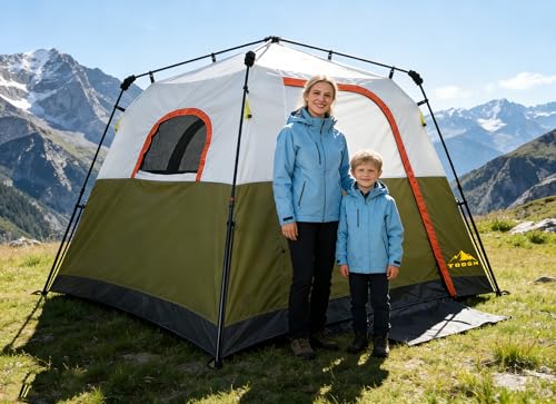 3/4 Person Camping Tent with 1 Door, 4 Windows, and Upgraded Ventilation– Instant Setup, Waterproof, 8'x 8'x 67''Oxford Fabric Floor Pop Up in 60 Seconds Includes Rainfly and Backpack - color: 4 Person Army Green/2-Layer