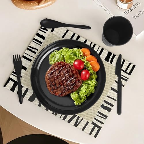 DAPIPIK 36 Pcs Lightweight Black Wheat Straw Dinnerware Set - Unbreakable Dishes for Kitchen & Camping | Microwave Dishwasher Safe - color: Black