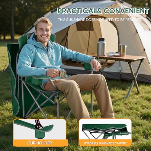 Northroad Folding Camping Chairs with Canopy Shade, Beach Chair w/Cup Holders, Armrests & Carry Bag for Outdoors Travel Sports Fishing, Green - color: Green