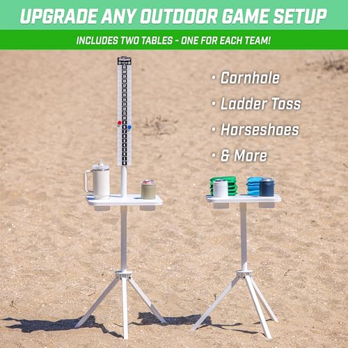 GoSports All Weather Metal Cornhole Scoreboard with Drink Holders - Black or White - Magnetic Outdoor Score Keeper for Yard Games - Set of 2 ScoreCaddy Tables - color: White