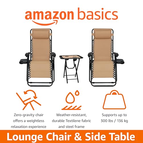 Amazon Basics Outdoor Textilene Adjustable Zero Gravity Folding Reclining Lounge Chair Set with Cup Holder, Side Table, Headrest, Weather-Resistant, 35 x 26 x 43 inches, Beige, 2-Pack - color: Beige