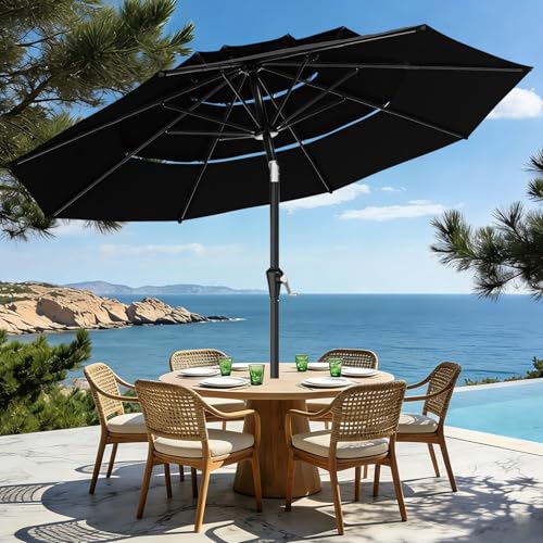 AreShark 9ft 3-Tier Patio Umbrellas, Outdoor Umbrella with 8 Sturdy Ribs UV Protection Windproof, Market Table Umbrella w/Push Button Tilt & Crank for Pool, Porch, Deck, Garden(Black) - color: Black