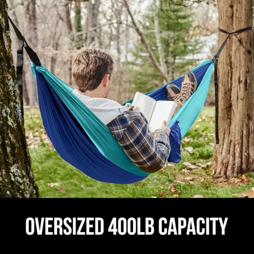 GORILLA GRIP Durable Camping Hammock with Heavy Duty Tree Straps, Portable Hammocks for Outside, Easy to Use Travel Swing Chair, Outdoor Camper Hiker Essentials, Backpacking Gear Gifts, Single, Blue - color: Dark Blue/Light Blue, size: Single (9' x 4.5')