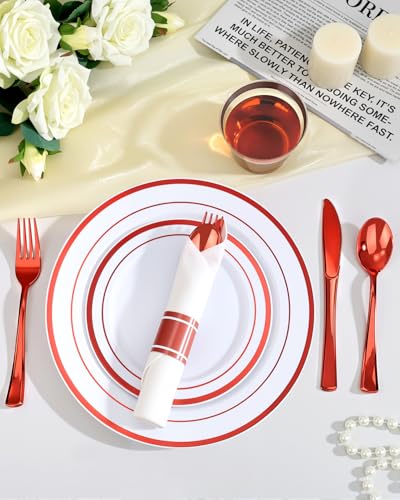 Goodluck 350 Piece Red Plastic Dinnerware Set for 50 Guests, Fancy Disposable Plates for Party, Include: 50 Dinner Plates, 50 Dessert Plates, 50 Pre Rolled Napkins with Silverware, 50 Cups - color: White Red, style: 350 Piece (50 guests)