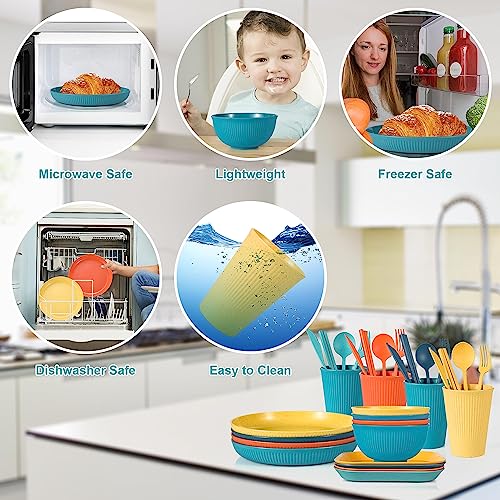 36PCS Wheat Straw Dinnerware Sets - Reusable Plates and Bowls Sets, Unbreakable Cups, Knives, Forks, Spoons & Chopstick, Microwave, Dishwasher Safe Tableware Kitchen Outdoor Camping Presents