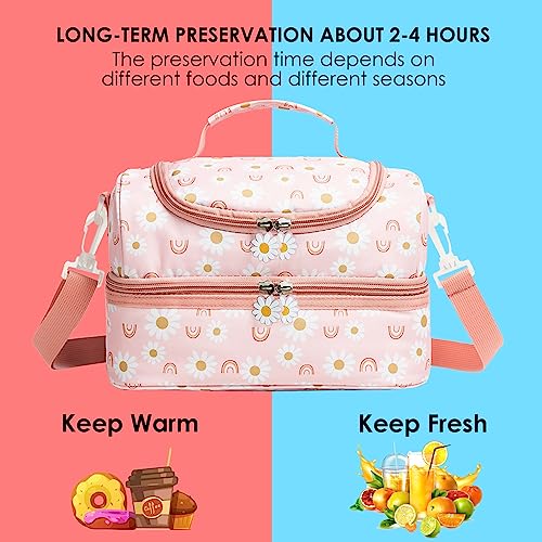 Insulated Kids Dual Compartment Lunch Bags Tote for Girls Boys Toddler Lunch Boxes Pre-School Toddler Kindergarten Elementary Picnic Food Cooler Thermal with Strap (Rainbow Daisies) - color: Rainbow Daisies