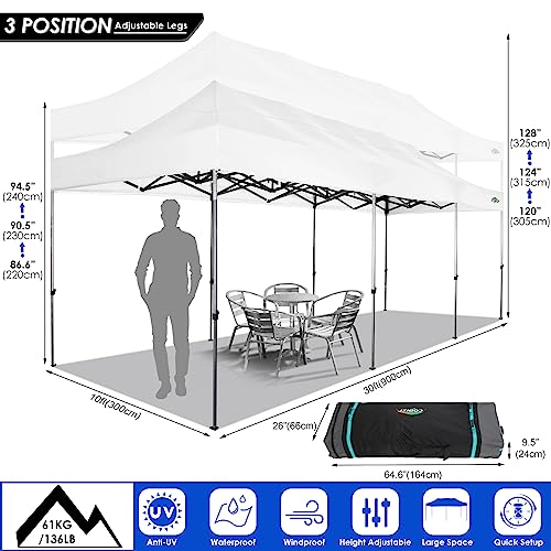 COBIZI 10x30 Heavy Duty Pop up Canopy with 8 sidewalls Party Tent for Parties Weddings Events UPF 50+ Waterproof Commercial Gazebo with Roller Bag, White(Frame Thickened) - color: White, size: 10x30 With 8 Sidewalls
