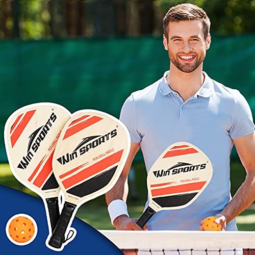 Wooden Pickleball Paddles Set 2 - Win SPORTS Beginner Racket,Pickle Ball Paddles with 2 Paddles,4 Balls and 1 Carry Bag,Durable and Classic (Choose Black and Wooden Version)
