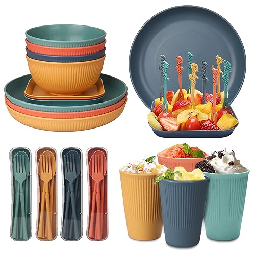 48 Pcs Dinnerware Sets, Unbreakable Plates and Bowls Sets, Reusable Dinnerware Sets for 4 People, Travel Camping Picnic Home Party Cutlery Set, Dishwasher Microwave Safe Dishes - color: Colorful, style: 48PCS