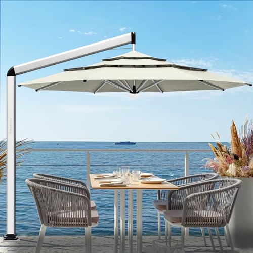 EliteShade USA Atlas 3-Tier 11FT Full Aluminum Cantilever Patio Umbrella for Outdoor Restaurant Garden Courtyard Deck Pool and Marketing with Light (No battery), Natural - color: Natural, style: 11FT Atlas