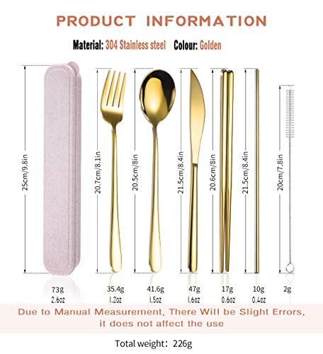 AARAINBOW 6 Pieces 18/8 Stainless Steel Flatware Set Portable Reusable Cutlery Set Travel Utensils Set Including Chopsticks Knife Fork Spoon Straws Cleaning Brush Dishwasher Safe (Golden) - color: Golden
