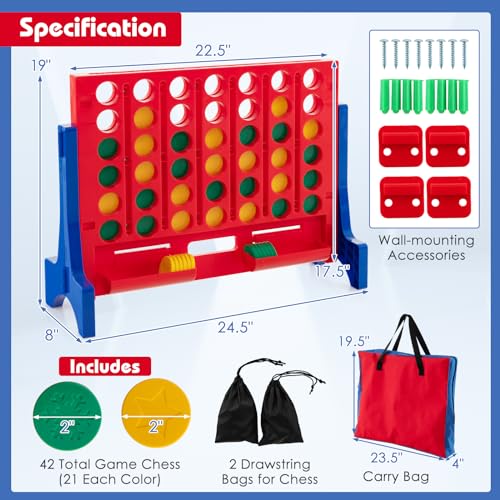 COSTWAY Giant 4-in-a-Row Game with Storage Carry Bag, Jumbo 4-to-Score Game w Chess, Quick Release Slider for Kids Adults, Indoor Outdoor Backyard Connect Game Set (Blue&Red) - color: Blue&red