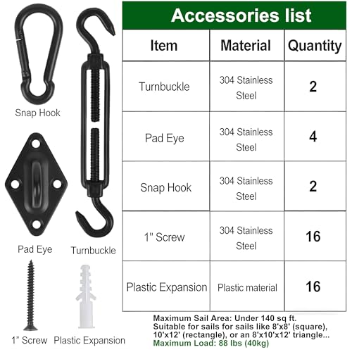 YOFIT Shade Sail Hardware Kit 5 Inch Stainless Steel Turnbuckles for Sun Shade Sail Outdoor Patio Canopy Installation Accessories for Triangle Rectangle Shade, 40 Pcs, Black - size: 5 inch 40 pcs-Black