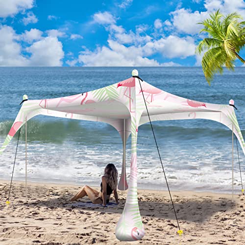 Buheco Beach Tent Pop Up Shade 7x7.5ft Beach Canopy Sun Shelter UPF50+ with 4 Foldable Poles-Portable Carrying Bag-Sand Shovel-Ground Pegs-Windproof Ropes for Outdoor Family Camping-Fishing- Picnic - color: Flamingos, size: 7x7.5FT 4 Pole