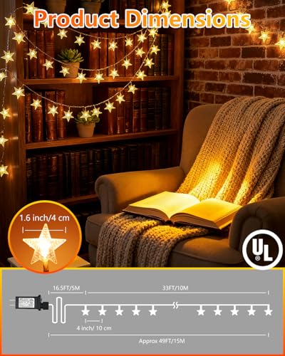 Twinkle Star 100 LED Star String Lights, 33FT Plug in Fairy String Lights Waterproof for Bedroom Decor, Indoor, Outdoor, Wedding Party, Christmas Tree, New Year, Ramadan, Warm White - color: *Warm White, size: Star lights - 49 ft