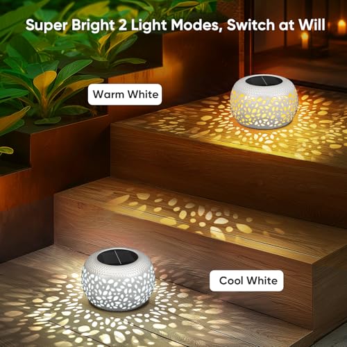 Solar Lanterns Outdoor Waterproof: 4 Pack White Hollow Out Metal Solar Lights - 2 Lighting Colors Outside Patio Garden Yard Porch Indoor Tabletop Decorations - Unique Gifts for Women Mom Wife - size: White 4 Pack