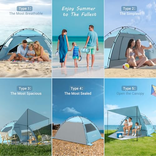 Elegear CumbreX™ Beach Tent Sun Shelter with Canopy, Pop Up Beach Tent, Easy Setup UPF 50+ UV Protection Portable Lightweight Double Silver Coating Beach Cabana Sun Shade Shelter 3 Person Sky Blue - color: Sky Blue, size: 3 Person