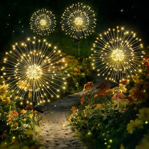 Solar Garden Lights Outdoor Decor Waterproof, 4Pack 120LED Firework Lights for Garden Decorative, Fairy Lights Solar Powered for Yard, Patio,Pathway,Flowerbed,Planter,Party(Warm White) - size: 4 Pack