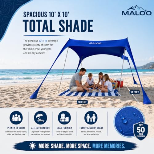 Malo'o DualShade 10x10 Beach Canopy & Vehicle Awning – Exclusive 2-in-1 Sun Shelter, SPF 50 Shade Tent, Car Camping Awning, Carry Bag Included - color: Blue
