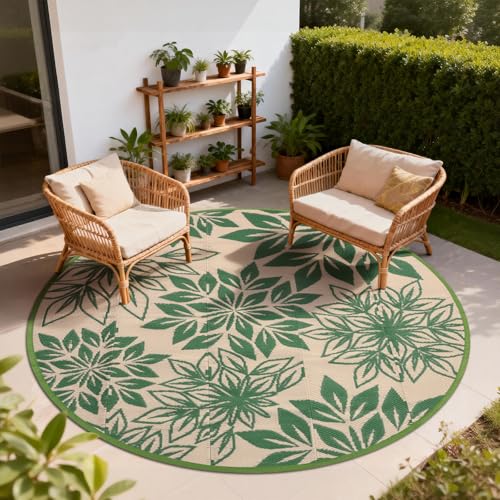 6ft Round Waterproof Outdoor Rug for Patio, Green Reversible Plastic Straw Carpet, Boho Outdoor Rugs, Fade Resistant & Easy Clean Deck Mat, Ideal for Porch, Backyard, RV, Camping and Picnic - color: Green, size: 6' (Round)