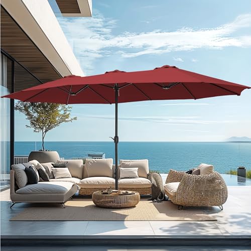 PHI VILLA 15ft Patio Umbrella Double-Sided Outdoor Market Extra Large Umbrella with Crank, Umbrella Base Included (Dark Red) - color: Dark Red