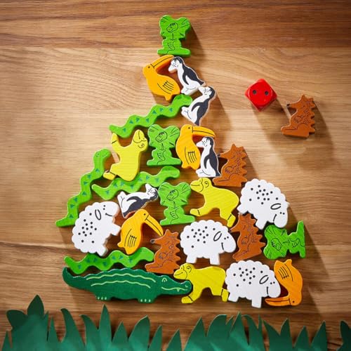 HABA Animal Upon Animal Game - Classic Wooden Tower Stack Game for Kids and Adults, STEM & Dexterity Party Activity for Ages 4+, Compact On the Go Edition