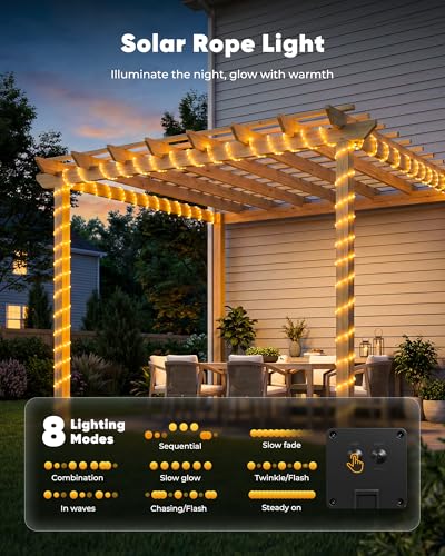 Brightown Solar Rope Lights, 39FT 100LED Outdoor Solar String Lights, IP65 Waterproof Solar Powered Fairy Lights with 8 Lighting Modes for Party Garden Patio Pool Backyard Tree Decoration, Warm White - color: Warm White, size: 100 LED