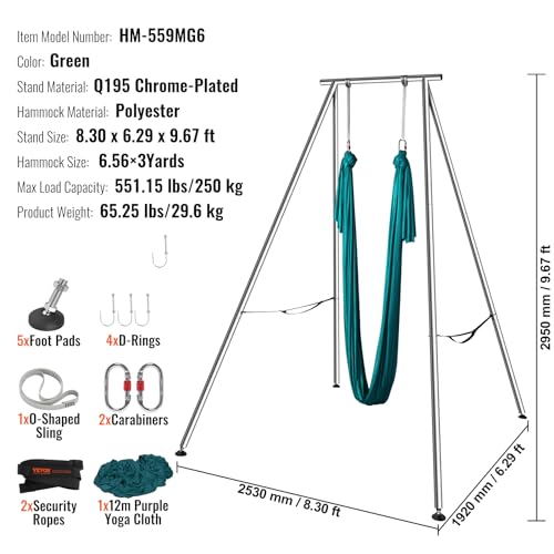 VEVOR Yoga Stand Frame, Max 441-551 lbs Load Swing Stand, Triangular Structure Aerial Rig, Aerial Silk Stands with Yoga Hammock, Standard & Height-Adjustable Version - color: Green, style: Standard Version