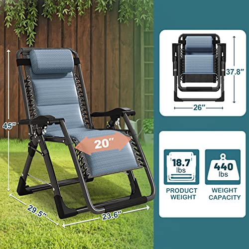 NAIZEA Padded Zero Gravity Chair, Cooling Fabric Folding Outdoor Lounge Chairs, Adjustable Reclining Camping Chairs with Cup Holder, Ergonomic Patio Lawn Chair for Balcony Beach Deck Yard - color: Ice Silk Blue, style: Zero Gravity Chair 2 Pack