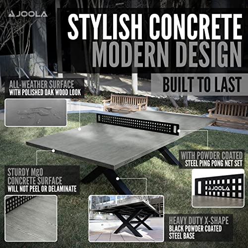 JOOLA Outdoor Table Tennis Table - Multi Use Conference Table Dining Table - Concrete Wood Look Includes Steel Outdoor Ping Pong Net Set & Frame - Hybrid Indoor Outdoor Ping Pong Table - color: Grey