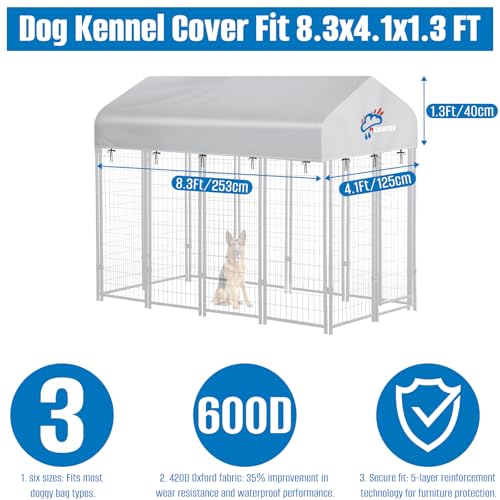 SIRUITON 8x4FT Outdoor Dog Kennel Replacement Cover, Heavy Duty 600D Oxford Fabric with Sun/Rain Dog Play Pen Top Cover Sun Shade Specialized,Snowproof,Sun( Covers Only) - color: Silver, size: 8.3x4.1FT