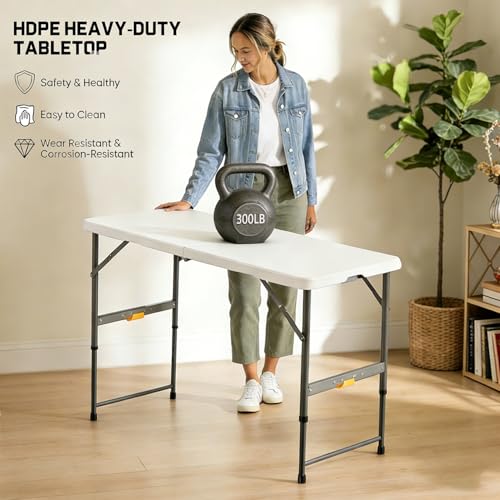 4FT Folding Table with One Press Adjustable Height,Fold in Half Portable Card Table with Carry Handle&Locking Steel Legs,Heavy Duty Plastic Utility Table for Party,Picnic,Camping Indoor Outdoor,White