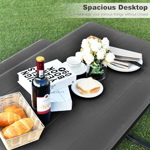 MEDIMALL Picnic Table, Portable Picnic Tables with Benches, Plastics Picnic Table Bench Set with Metal Frame & All Weather Tabletop, Large Camping Picnic Table for Outdoors, Backyard, Garden (Black) - color: Black
