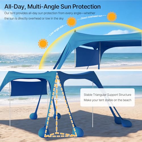 Suteck Beach Tent Sun Shelter with Sidewall, Easy Set Up 10x10ft Beach Canopy, Outdoor Sun Shade with UPF 50+UV Protection, 8 Sandbags, 4 Stability Poles for Camping, Fishing or Picnics(Navy Blue) - color: Navy Blue