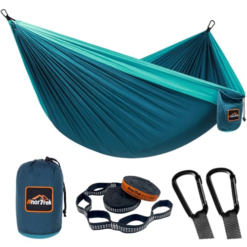 AnorTrek Camping Hammock, Super Lightweight Portable Parachute Hammock with Two Tree Straps Single or Double Nylon Travel Tree Hammocks for Camping Backpacking Hiking - color: Blue&dark Blue, size: Double 118''L x 78''W