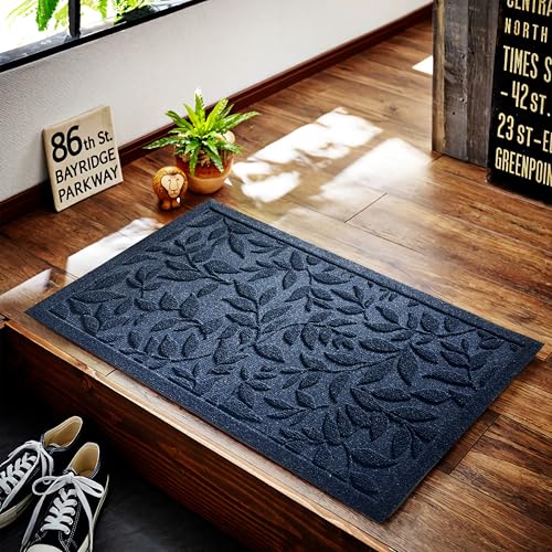 Blue Leaves Outdoor Indoor Entrance Doormats, Absorbent Durable Heavy Duty Welcome Front Door Mat,Thick Natural Rubber Back,Easy Clean Entryway Mat 17x30 Inch, Low Profile - color: Leaves-blue, size: 1'5" x 2'6" (Rectangular)