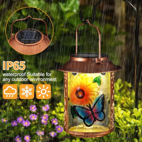 Butterfly Solar Lanterns Outdoor Waterproof, Birthday Gifts for Women Mom Grandma , Metal Garden Decor Hanging Solar Lights Outside Decorative for Yard Patio Backyard Porch Decorations(Sunflower) - style: Butterfly+Sunflower