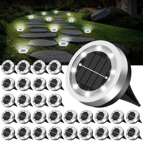 Mini Solar Ground Lights Outdoor 32 Pack Waterproof Upgraded Anti-Rust Solar Flat Garden Lights Stainless Steel Solor Powered Disc Landscape Light for Pathway Walkway Yard Lawn Patio-Cool White - color: Cool White, size: 32 Pack